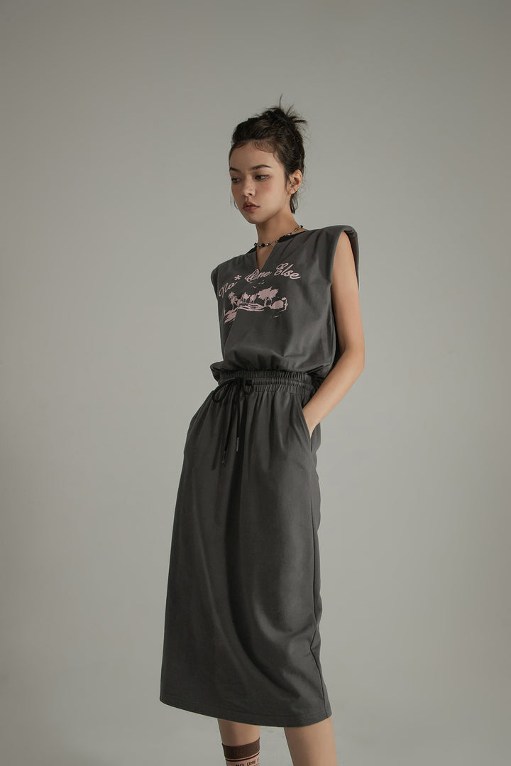 Printed Elastic Waist Drawstring Mid-Length Sleeveless Dress