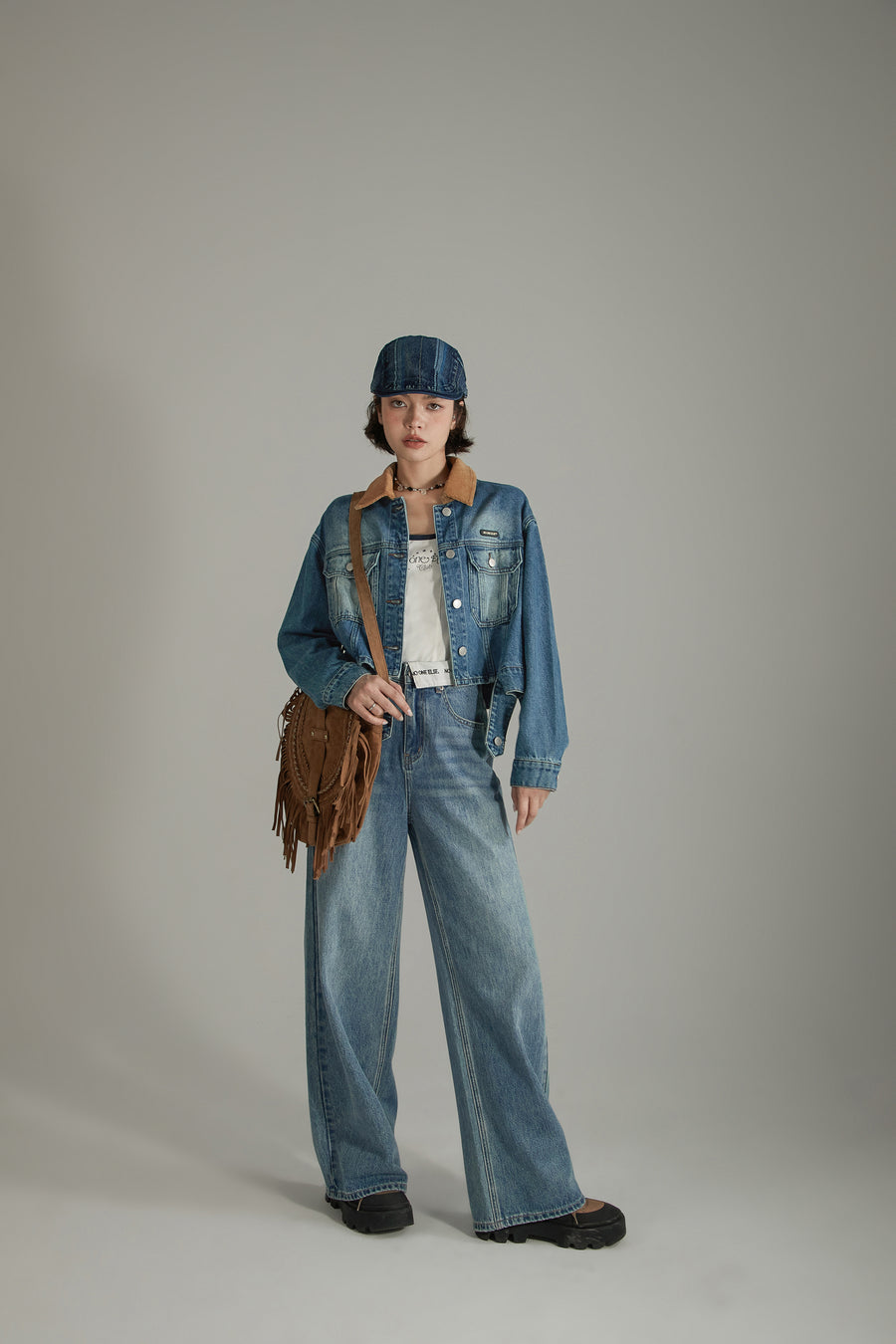 CHUU Folded Basic Washed Wide Denim Jeans