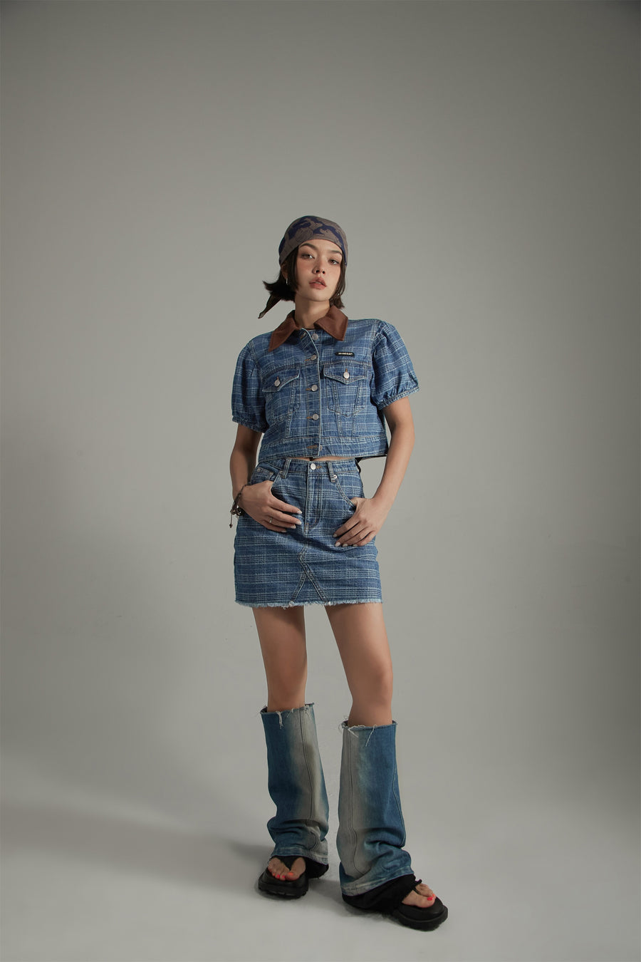 CHUU Vintage Check Puffy Short Sleeve Denim Jacket