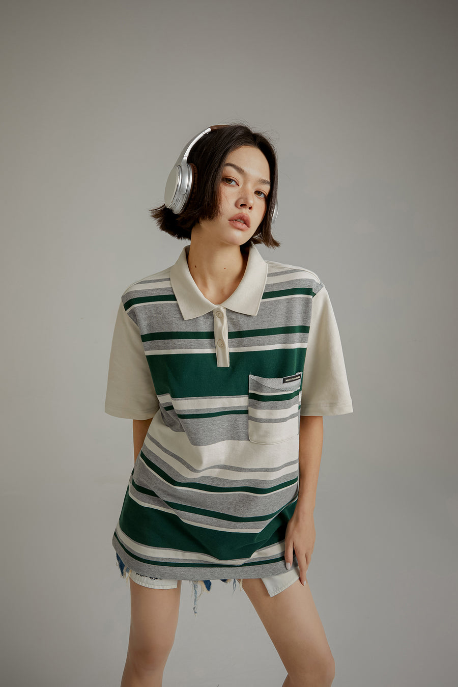 CHUU Polo Neck Striped Loose Fit T-Shirt