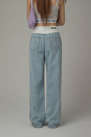 White Cotton Waist Wide Straight Jeans