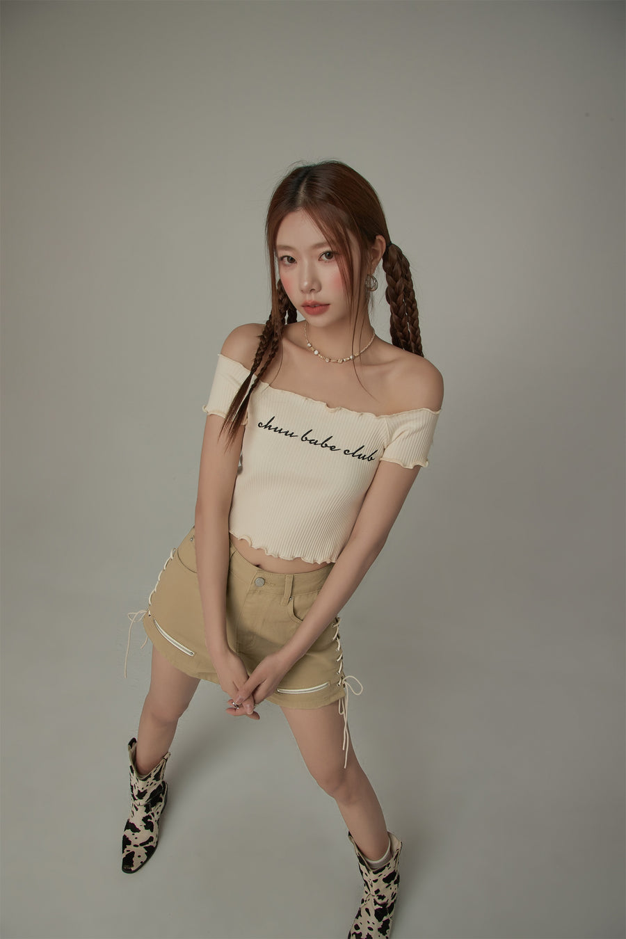 CHUU Chuu Babe Club Ruffled Off-The-Shoulder T-Shirt