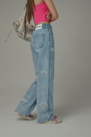 Embroidered Lettering Straight Jeans