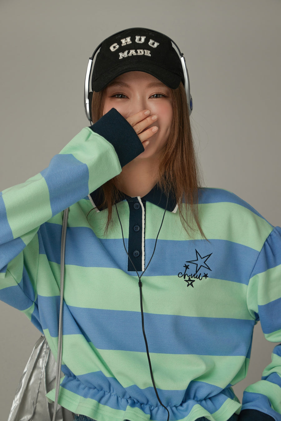 CHUU Polo Neck Stripe Sweatshirt