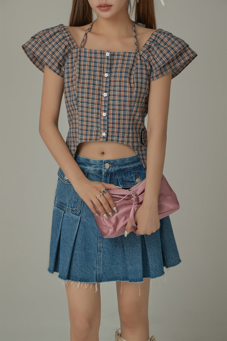 CHUU Side Garter Check Buttoned Blue Blouse