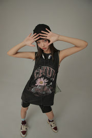 Vintage Oversized Chuu Printed Car Sleeveless T-Shirt