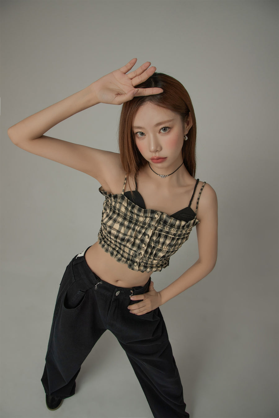 CHUU Check Ruffle Buttons Sleeveless Bustier Top