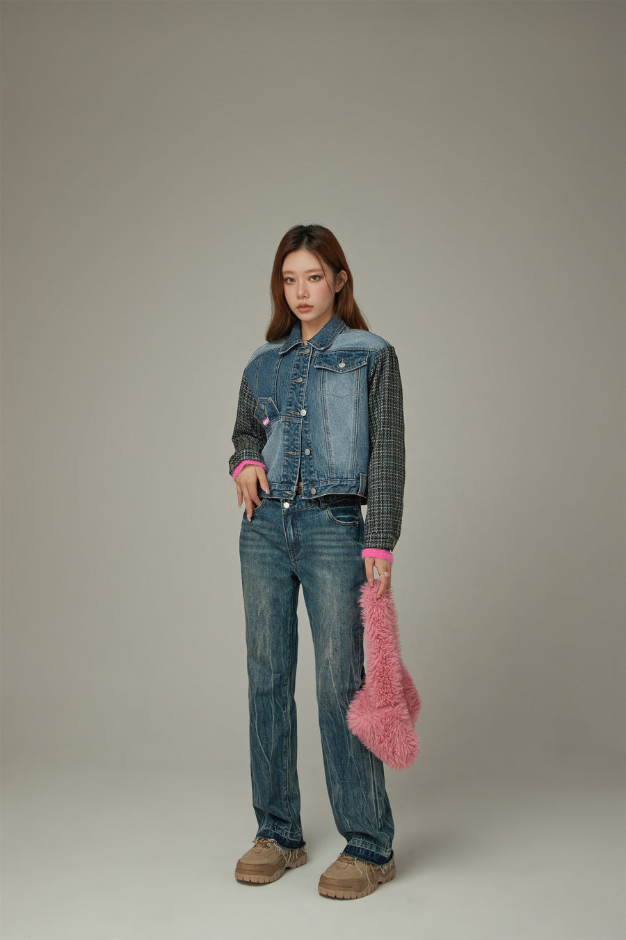 CHUU Tweed Sleeves Pocket Denim Jacket