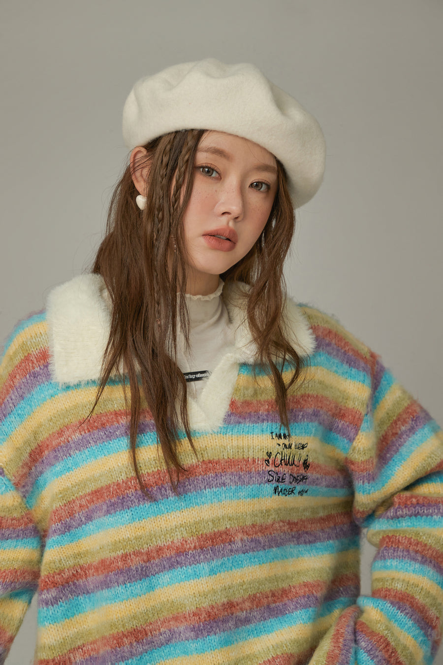 CHUU Collar Rainbow Stripe Knit Sweater