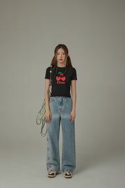 Logo Heart Cherry Printed Slit Short Sleeve T-Shirt