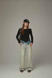 Folded Waist Color Combination Wide Denim Jeans