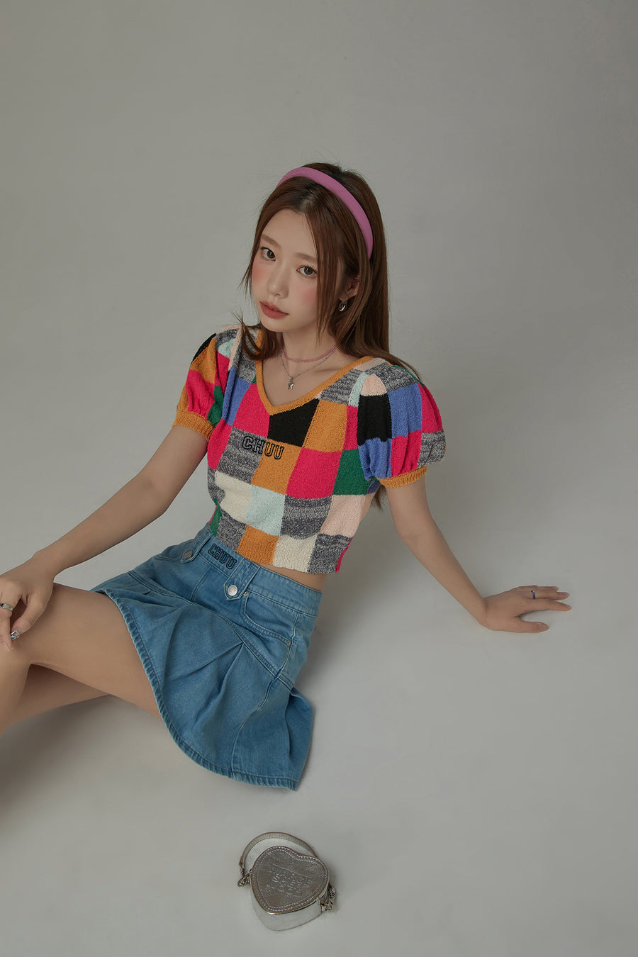 CHUU Color Check Pattern Cropped Knit Top