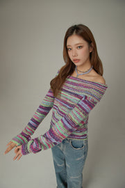 Off-Shoulder Color Stripe Knit Sweater