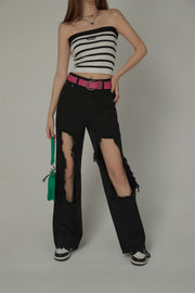 High Waist Distressed Ripped Open Wide-Leg Pants