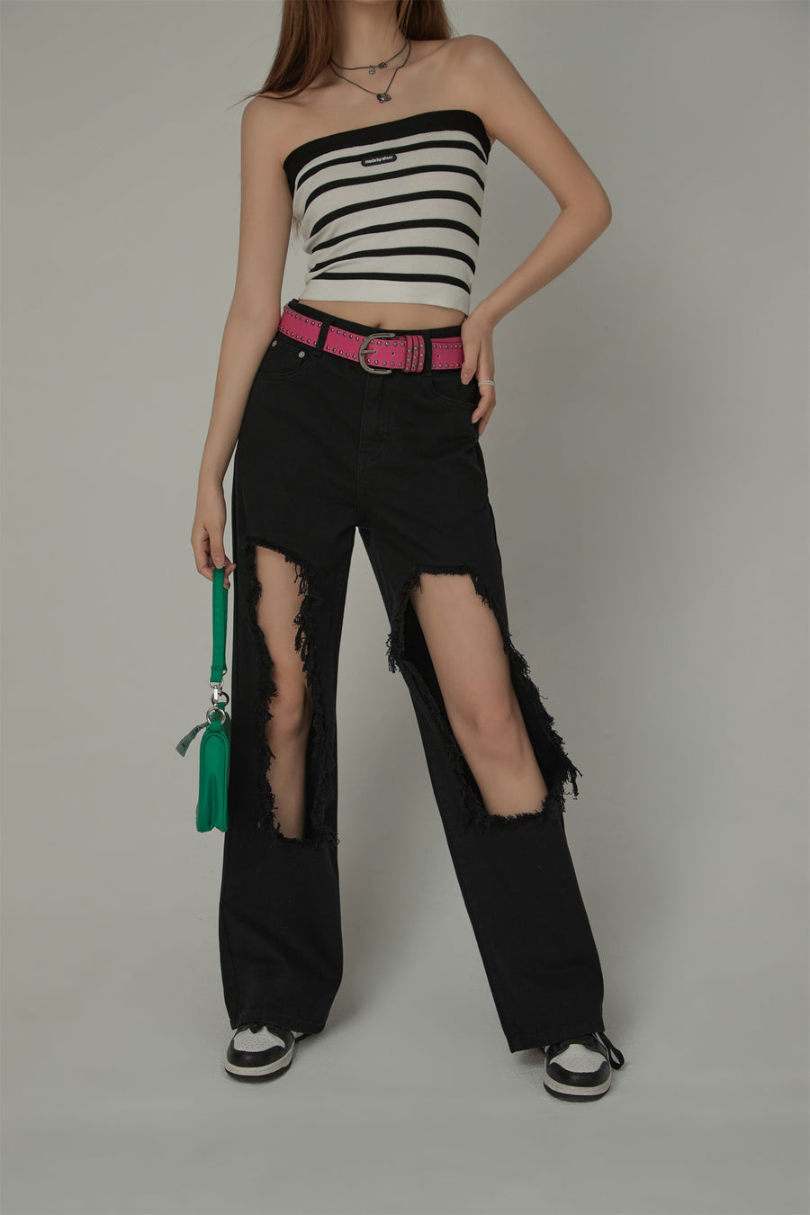 CHUU High Waist Distressed Ripped Open Wide-Leg Pants