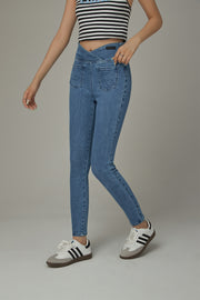 Wrap Front Pockets Denim Cropped Slim Jeans