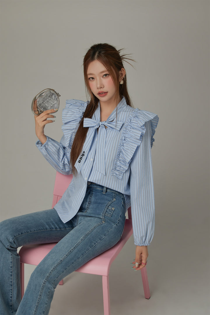 Logo Tie Ruffle Striped Blouse