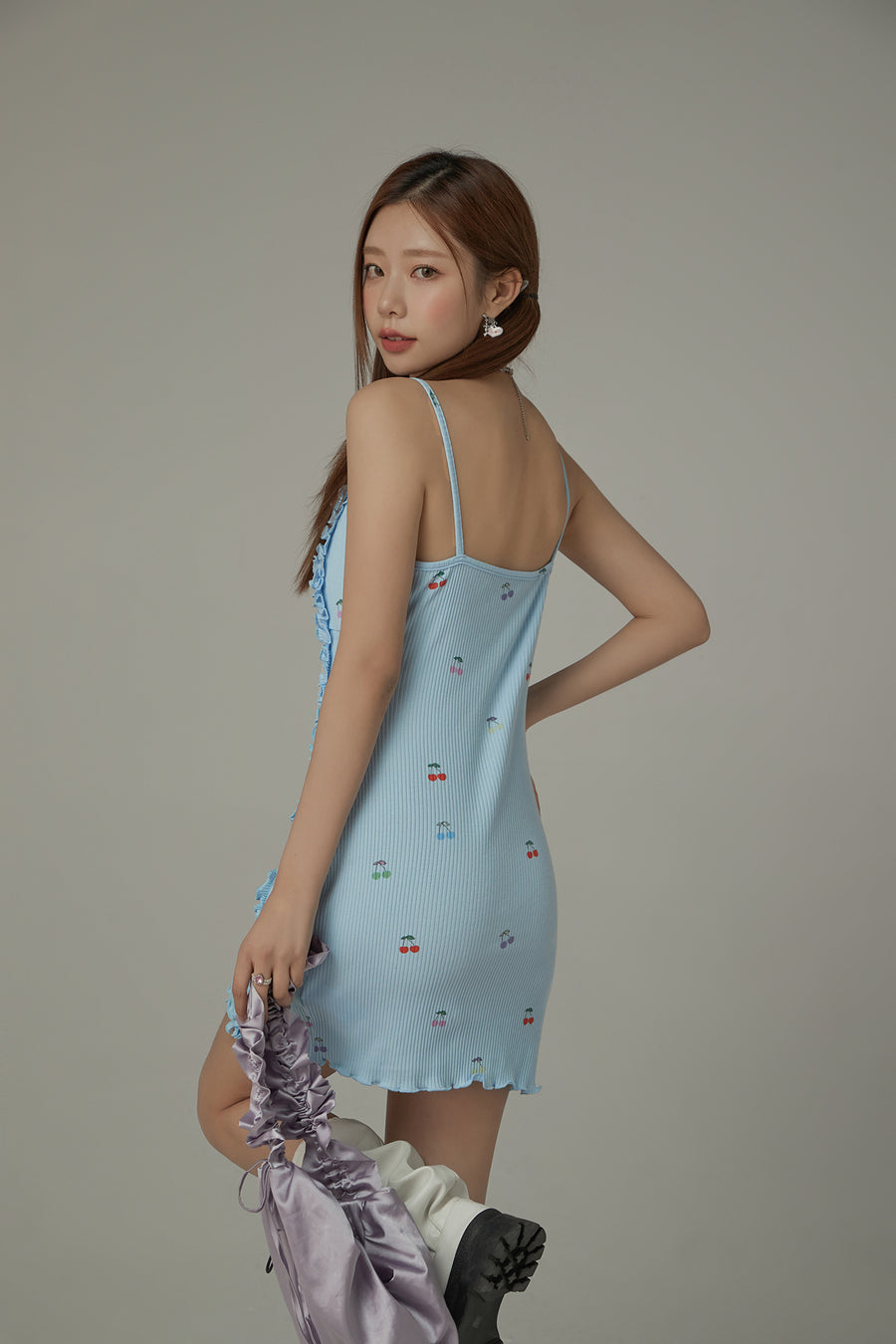 CHUU Cherry Printed Frilly Bustier Sleeveless Strap Mini Dress