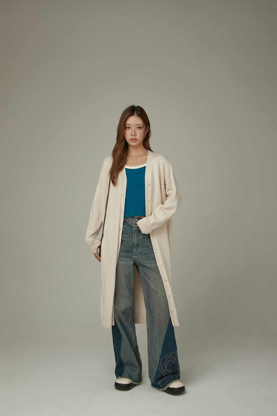 CHUU Slit Wrap Button Knit Long Cardigan