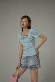 Halter Neck Striped Short Sleeve Top