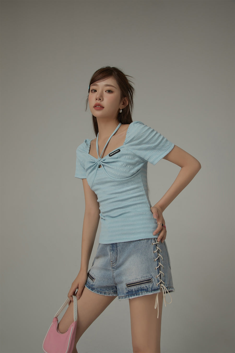 CHUU Halter Neck Striped Short Sleeve Top