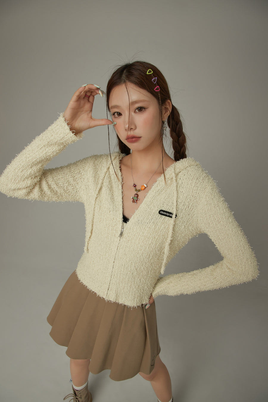 CHUU Fuzzy Hooded Knit Cardigan