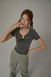 Metal Heart Keyhole Short Sleeve Top