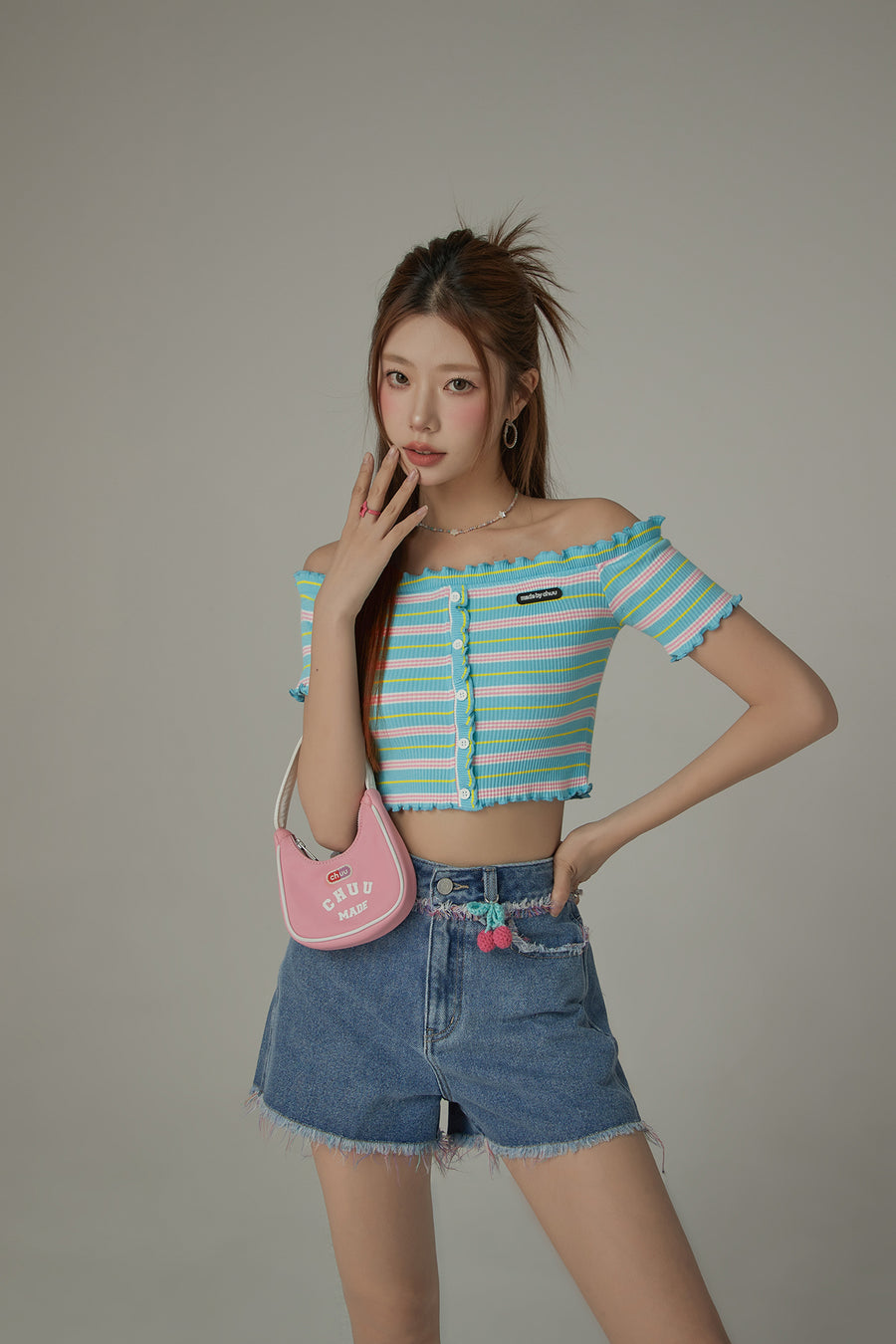 CHUU Ruffled Off The Slim Fit Crop Shoulder T-Shirt