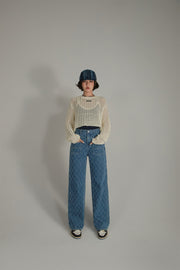 Vintage Argyle Pattern Wide Denim Jeans