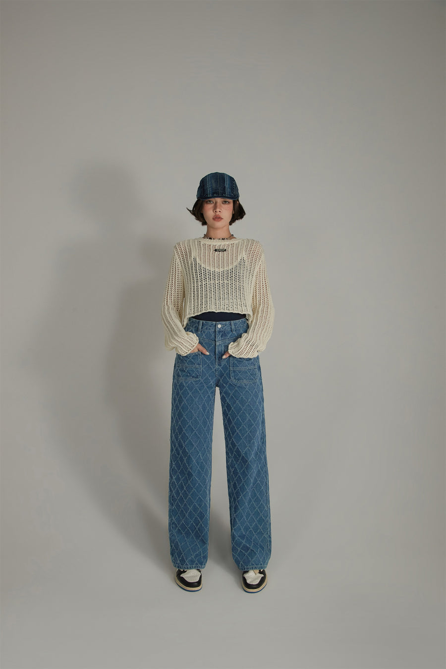 CHUU Vintage Argyle Pattern Wide Denim Jeans