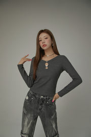 Metal Hearts Cutout Long Sleeves Top