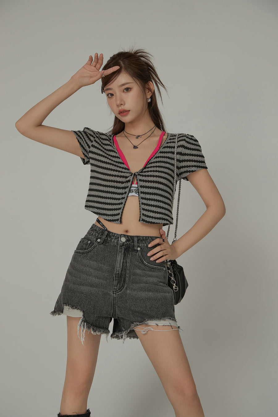 CHUU Stripe Layering Short Sleeve Crop Top