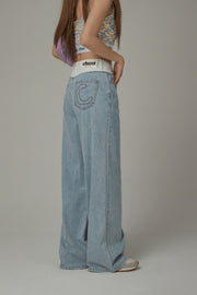 White Cotton Waist Wide Straight Jeans