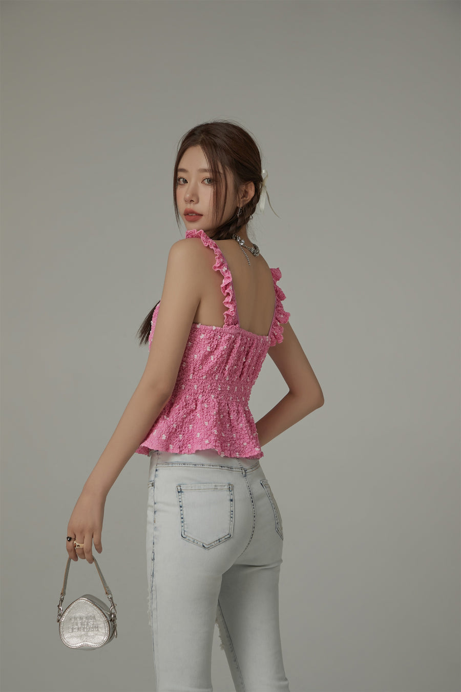 CHUU Ruffled Straps Sleeveless Polka Dot Peplum Blouse