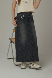 Belted Double Buckle Leopard Long Skirt