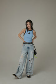 Chuu Star Center Line-Colored Sleeveless Semi Crop T-Shirt