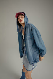 Embroidered Letter Denim Hooded Jacket