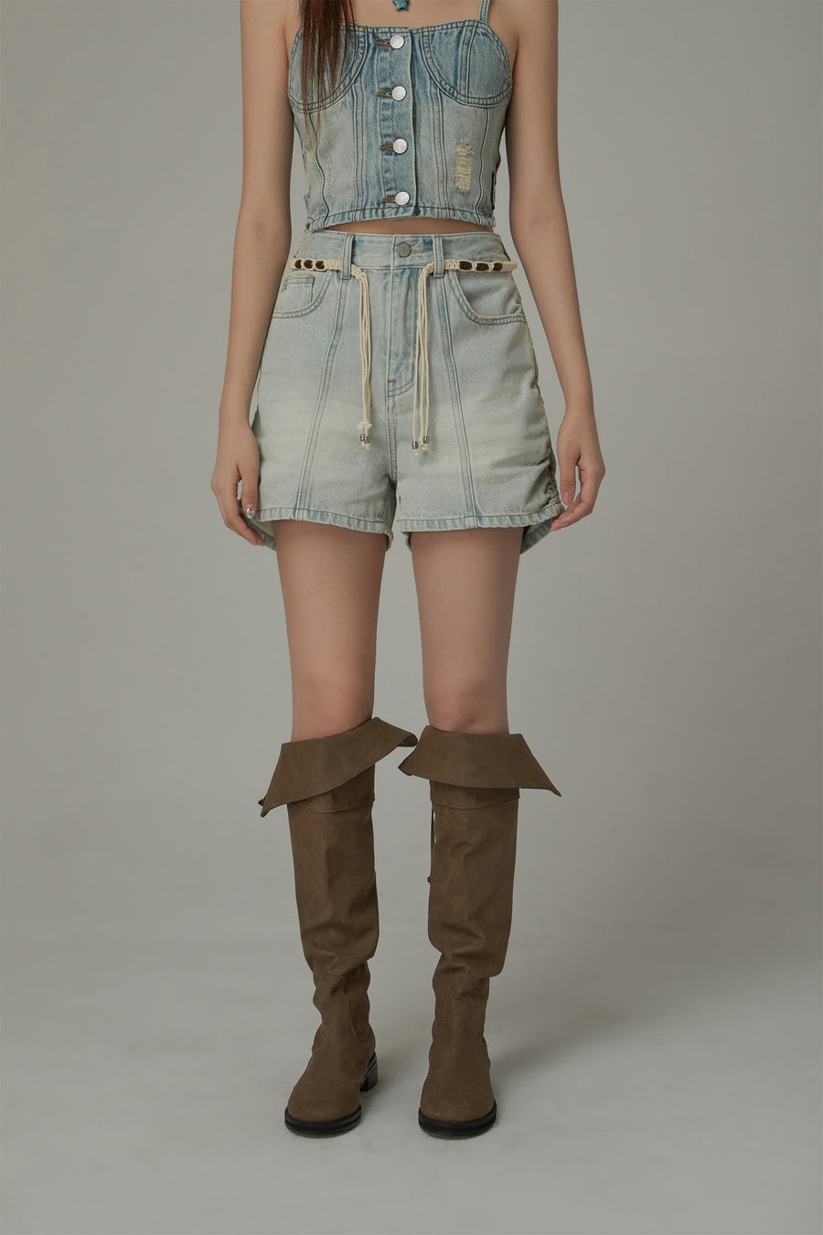 CHUU Side Shirred High Waisted Denim Shorts