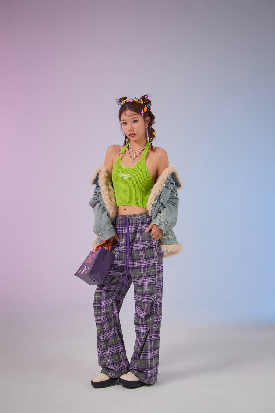 CHUU Color String Check Pants