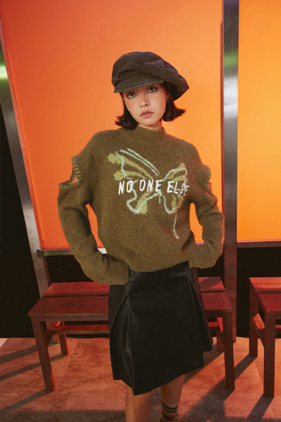 CHUU Butterfly Logo Sleeve Slit Knit Sweater