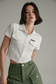 Colored Pocket Cropped Button Shirt