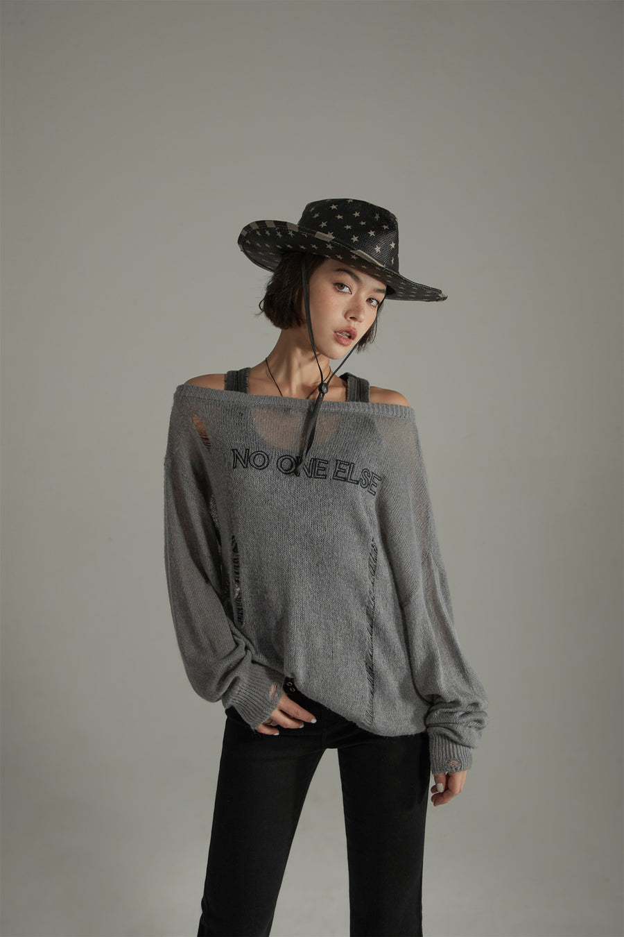 CHUU Distressed Ripped Thin Long Sleeved Knit Sweater