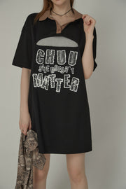 Chuu Size Doesnt Matter Front Cut Out Polo Neck T-Shirt Dress