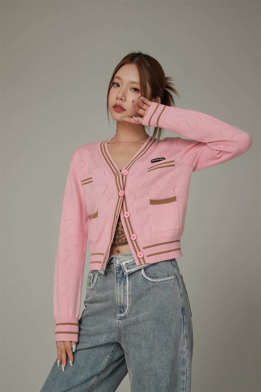 CHUU Heart Hole Pattern Knit Cardigan