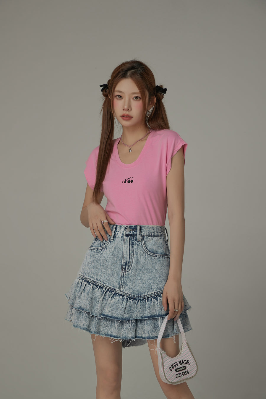 CHUU Cherry Embroidered U Neck Short Sleeve T-Shirt