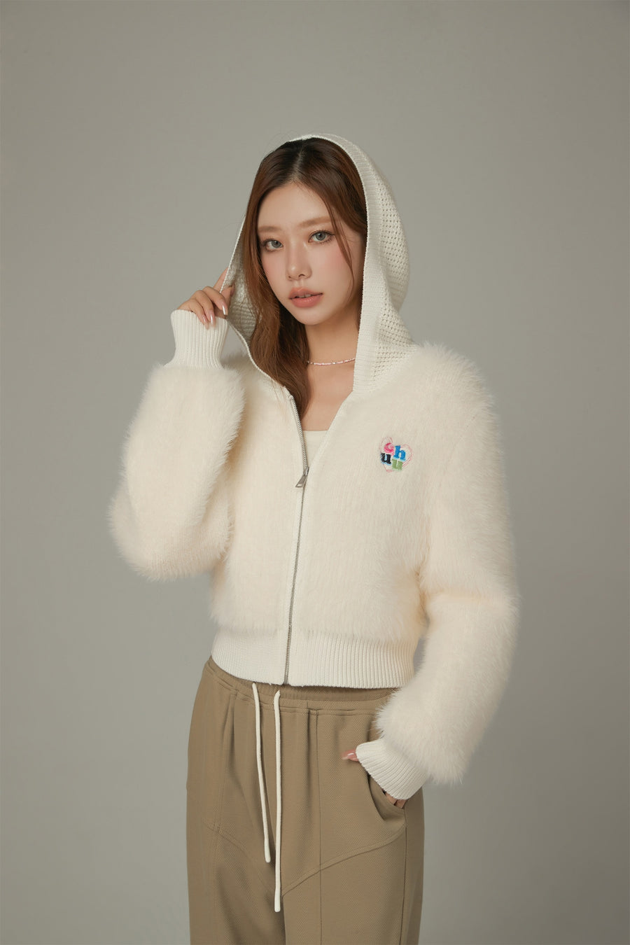 CHUU Hooded Crop Simple Zip-Up