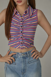 Rainbow Polo Neck Slim Crop Sleeveless Top