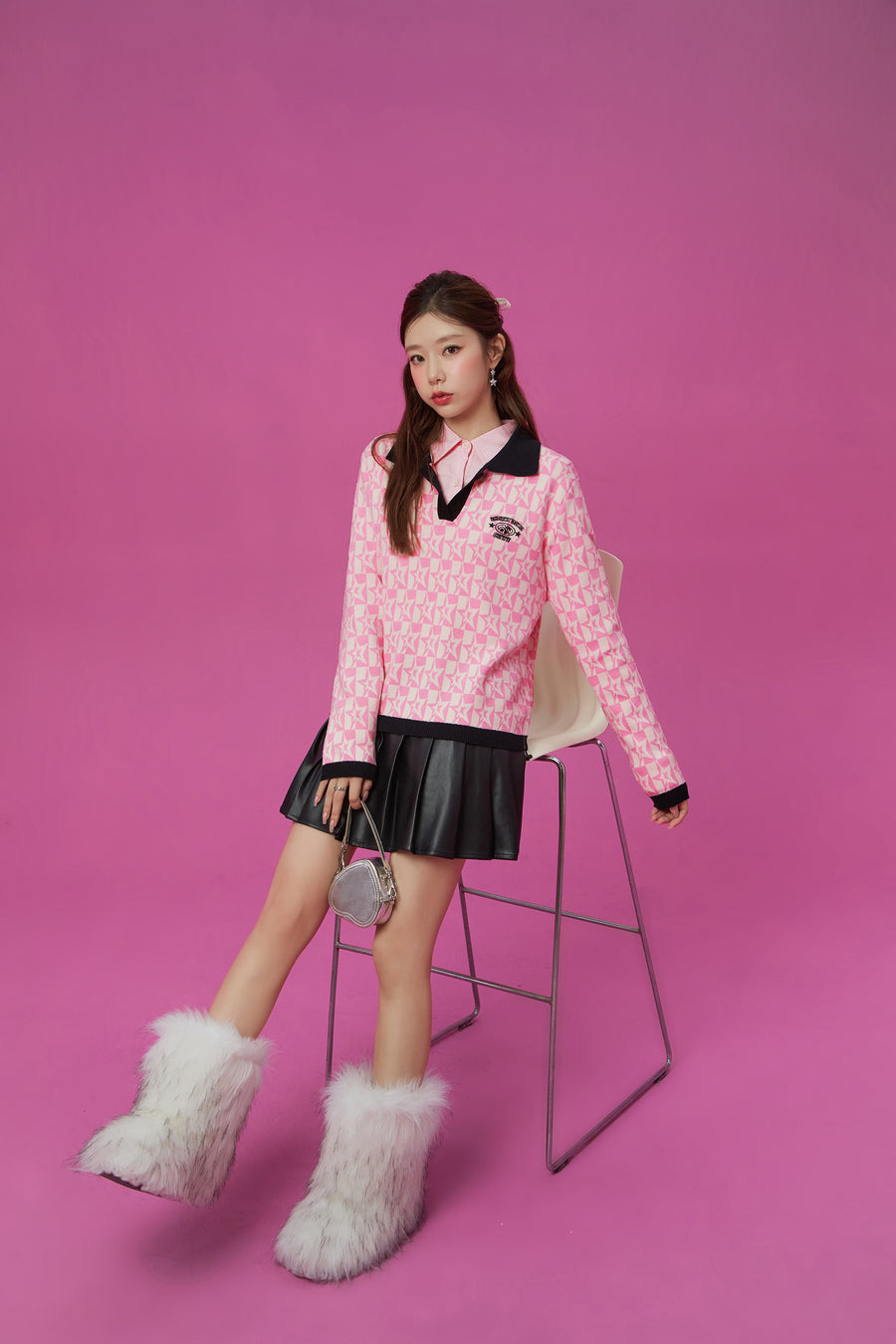 CHUU Open Collar Star Knit Sweater