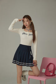 Stripe Button Pleated Sporty Mini Skirt