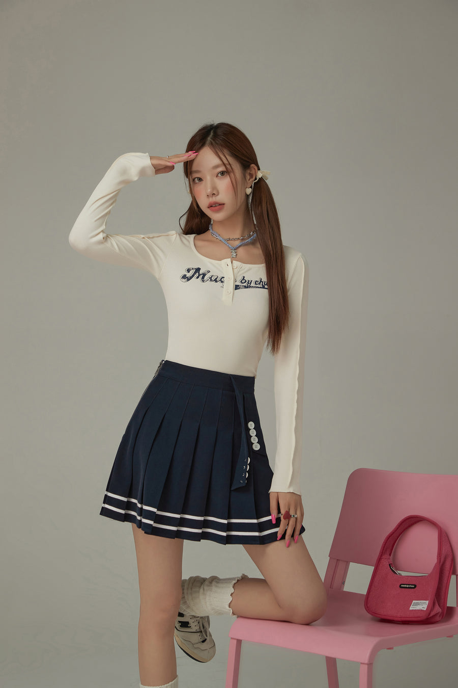 CHUU Stripe Button Pleated Sporty Mini Skirt